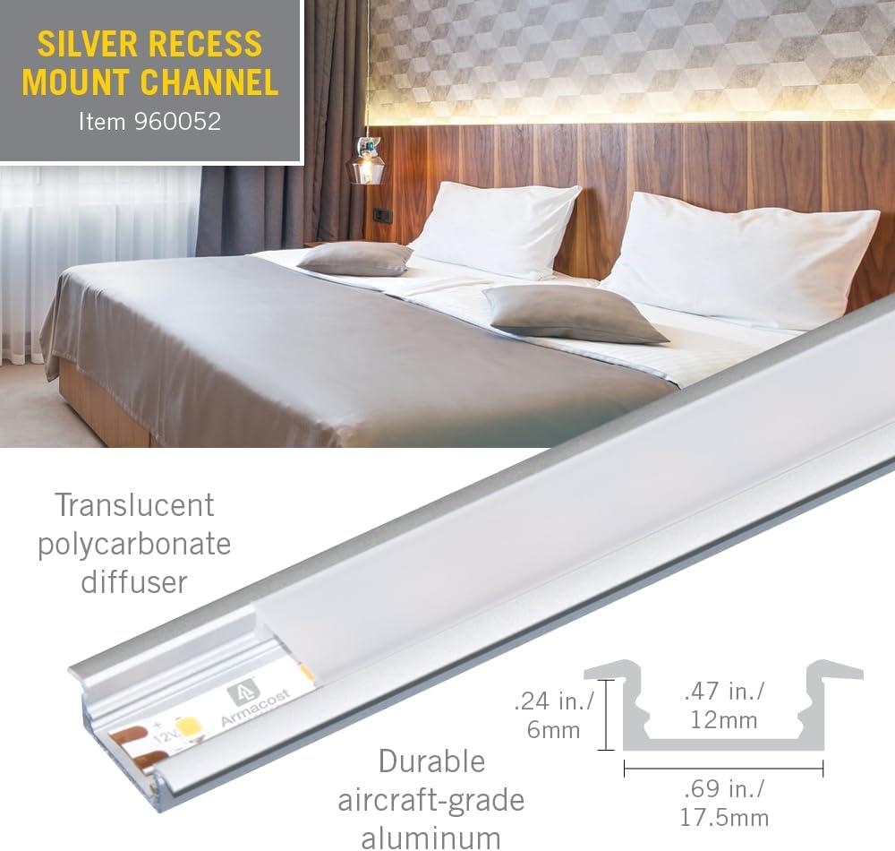 Silver Recess Mount LED Tape Light Channel with Frosted Cover