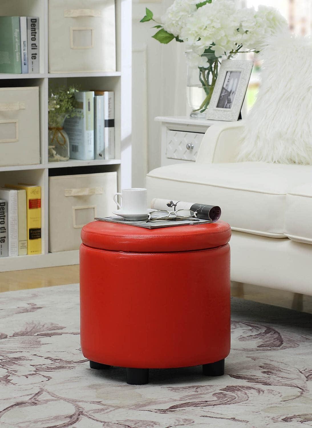 Designs4Comfort Round Accent Storage Ottoman with Reversible Tray Lid, Red Faux Leather