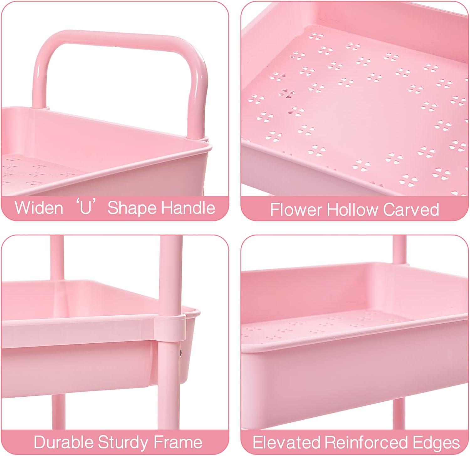 Pink 3-Tier Rolling Utility Cart with Alloy Steel Frame