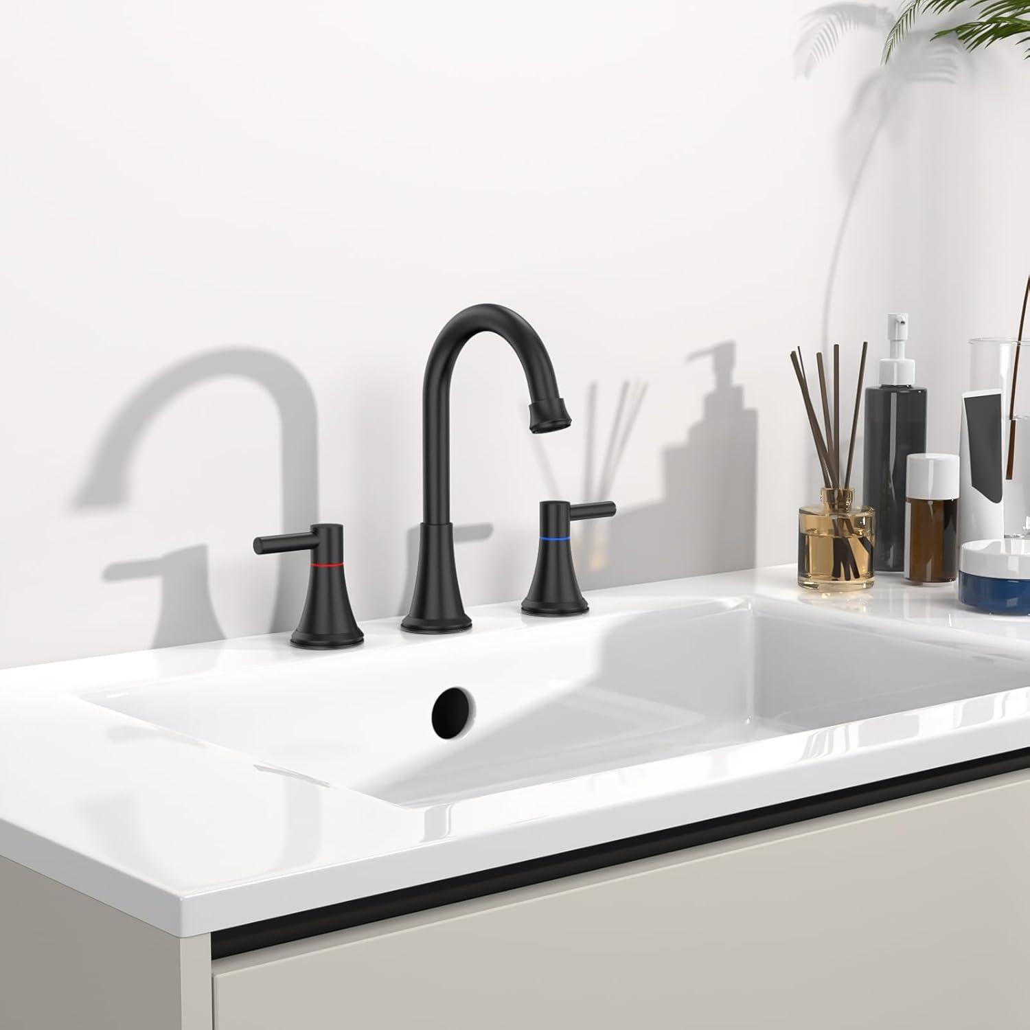 Matte Black 8 Inch Widespread Bathroom Faucet with Pop-Up Drain