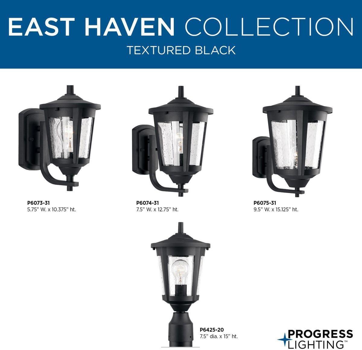 Progress Lighting, East Haven, 1-Light, Outdoor Wall Lantern, Black, Seeded Glass Shade