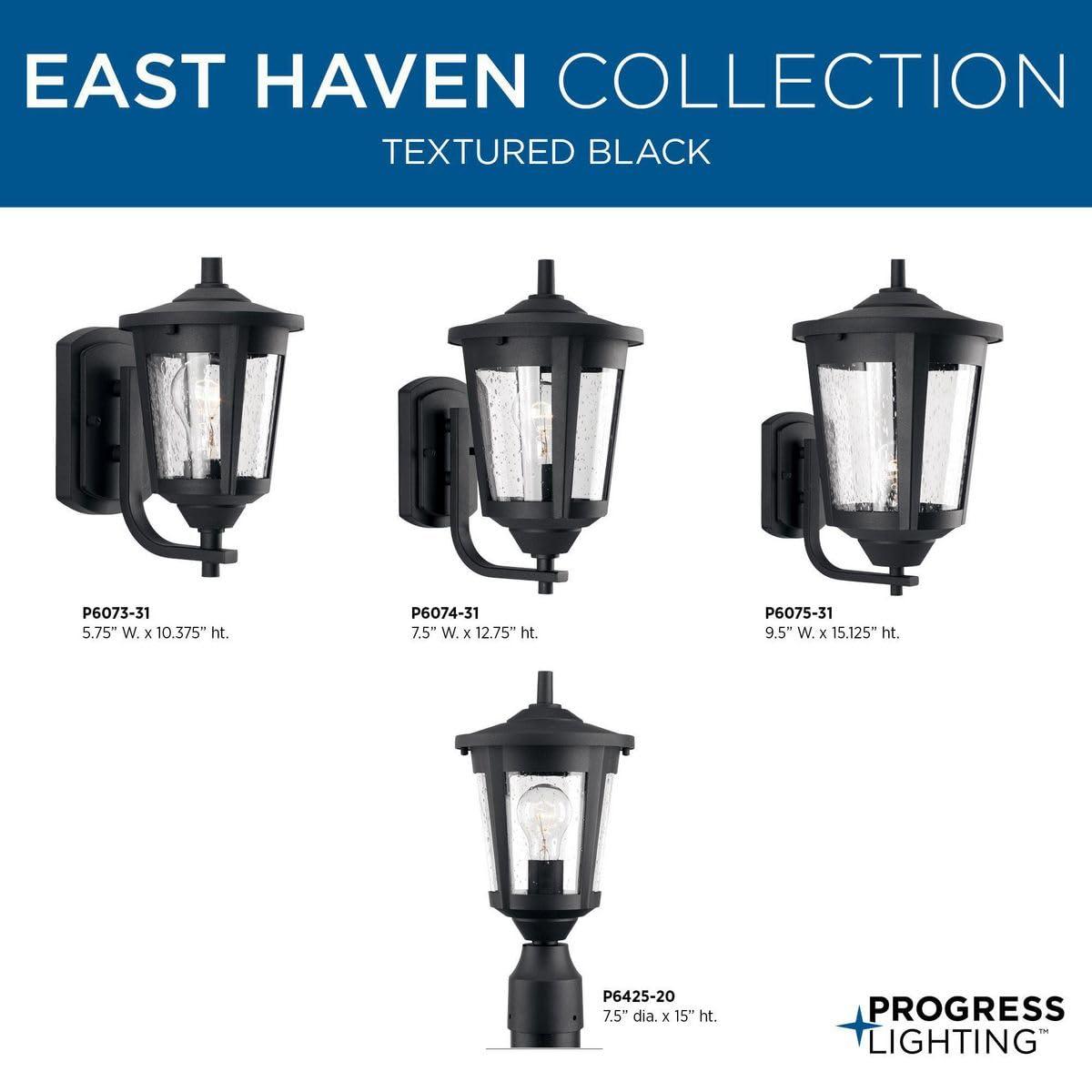 Progress Lighting, East Haven, 1-Light, Outdoor Wall Lantern, Black, Seeded Glass Shade