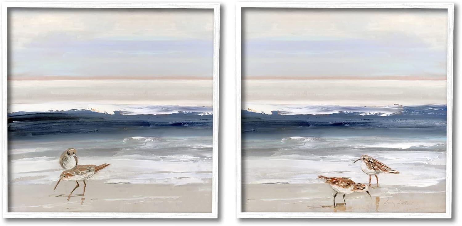 Stupell Industries Birds On Beach Shore Ocean Waves Blue Sky Landscape Paintings White Framed Art Print Wall Art Set of 2, 12x12, by Sally Swatland