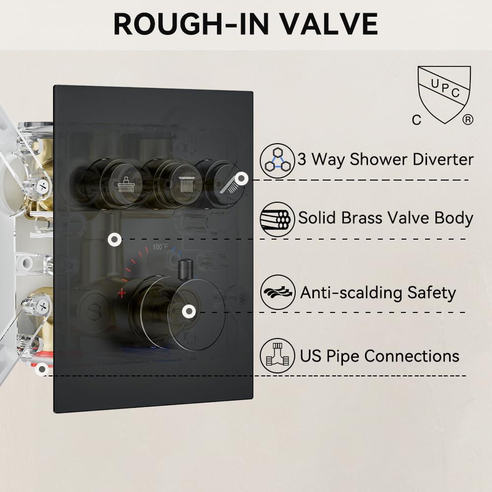 Revitalize 3-Function 12 Inch Wall Mount Rainfall Thermostatic Shower System with 6 Body Jets