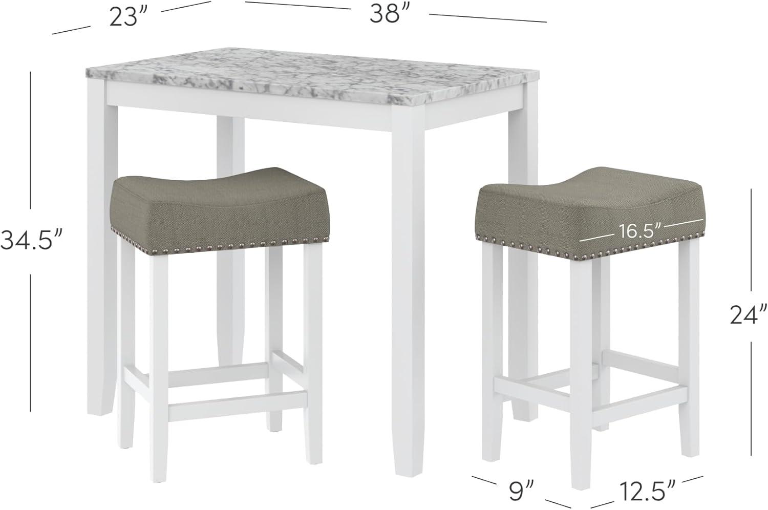 38&#34; Solid Wood Pub Dining Table and Stool Set White Marble/Light Gray Linen - Nathan James