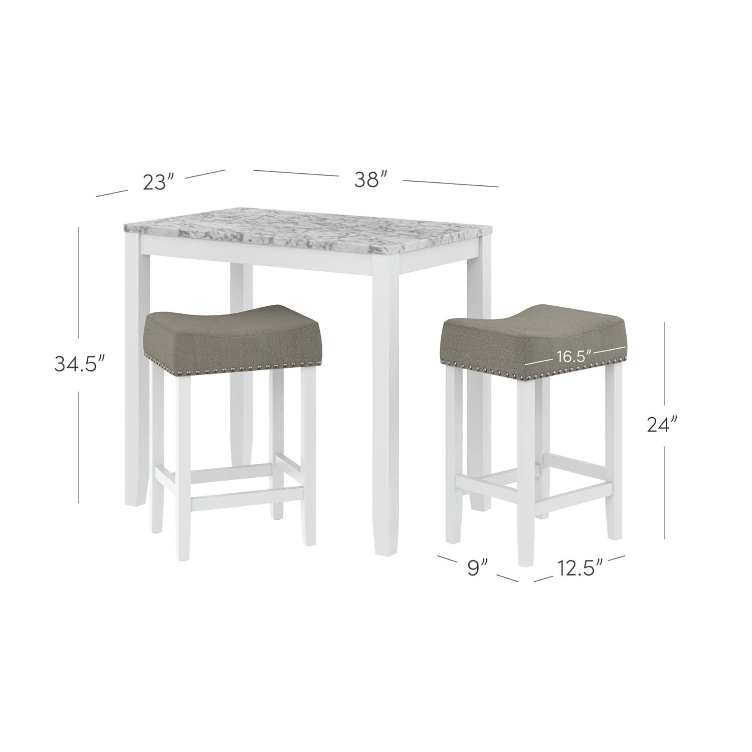 38&#34; Solid Wood Pub Dining Table and Stool Set White Marble/Light Gray Linen - Nathan James