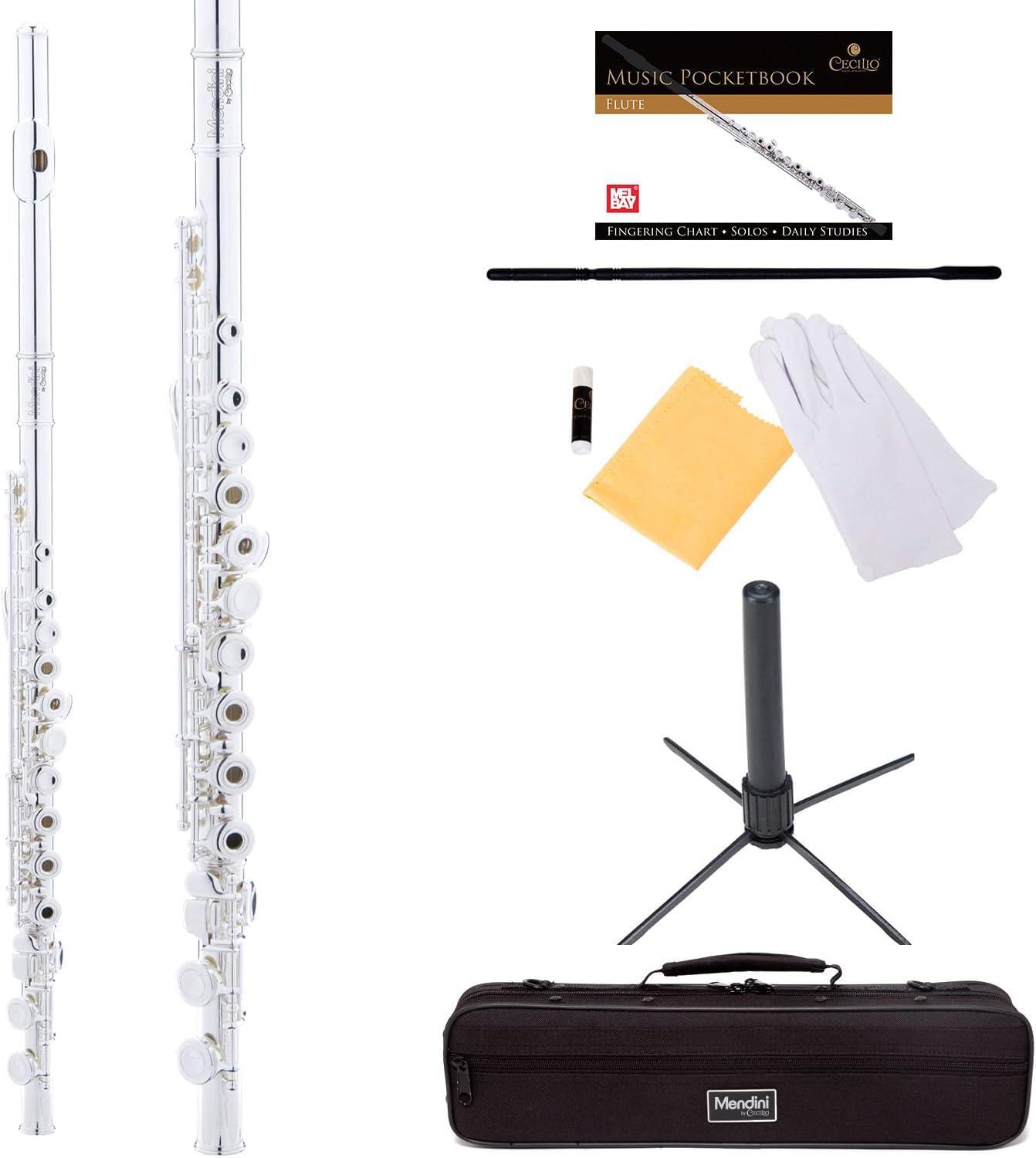 Mendini By Cecilio Flute, 16 Keys C Flute Instrument Closed Hole For Beginners with Carrying Case, Cork Grease, Stand, Lesson Book, Cleaning Kit, Gloves (Black)