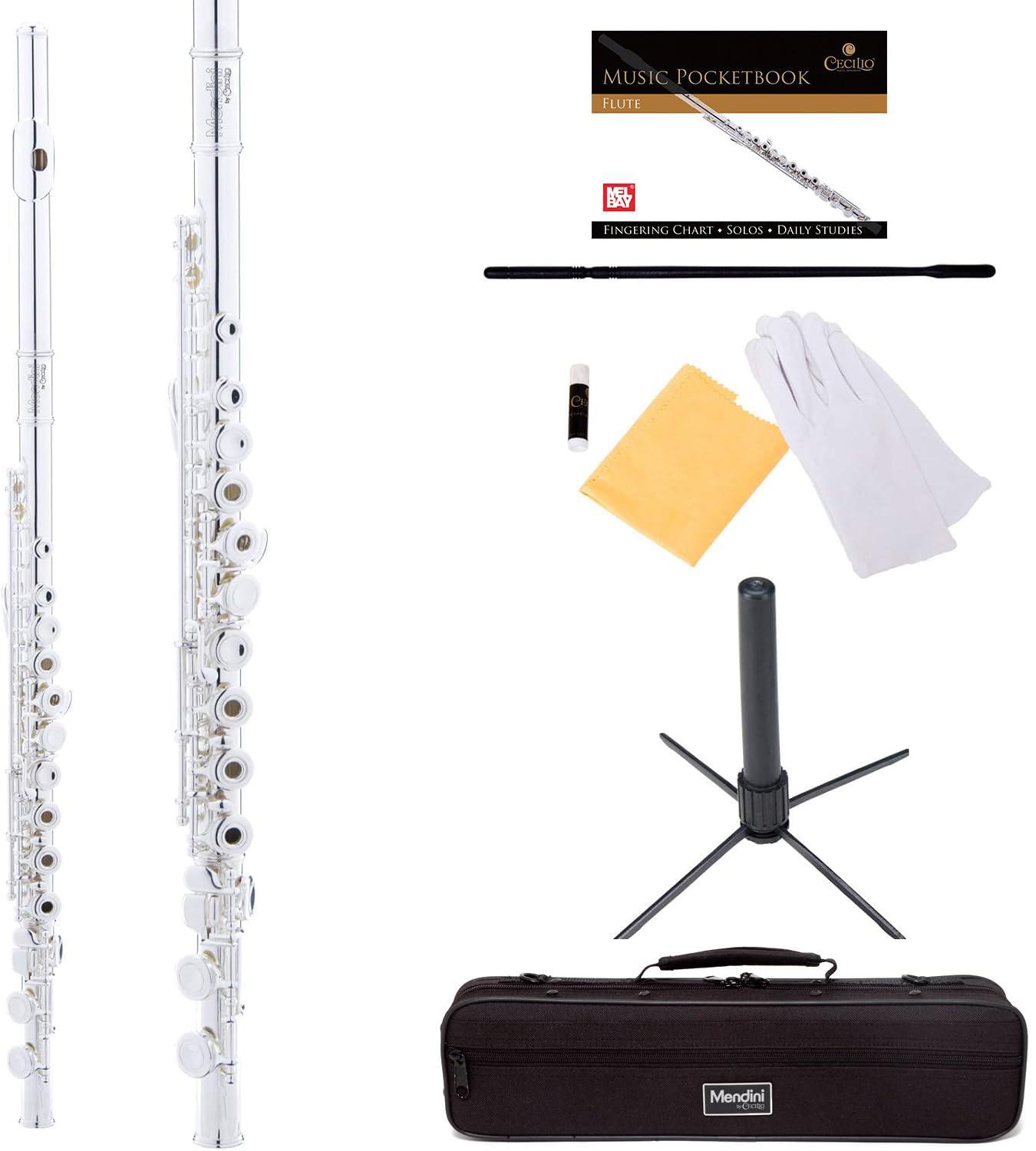 Mendini By Cecilio Flute, 16 Keys C Flute Instrument Closed Hole For Beginners with Carrying Case, Cork Grease, Stand, Lesson Book, Cleaning Kit, Gloves (Black)