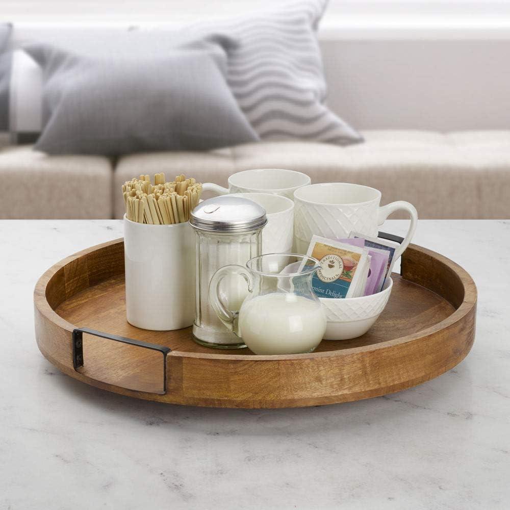 Mango Wood Round Lazy Susan Serving Tray with Iron Handles