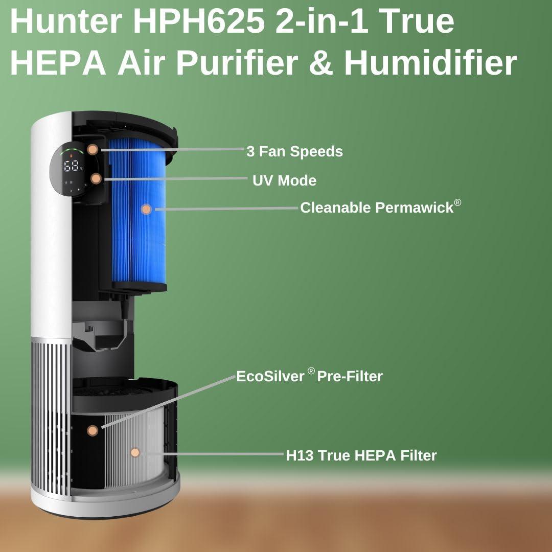 Hunter Fan Company HPH625 Air Purifier Humidifier – 2 in 1 Air Purifier & Humidifier Combo, Grey/ Silver