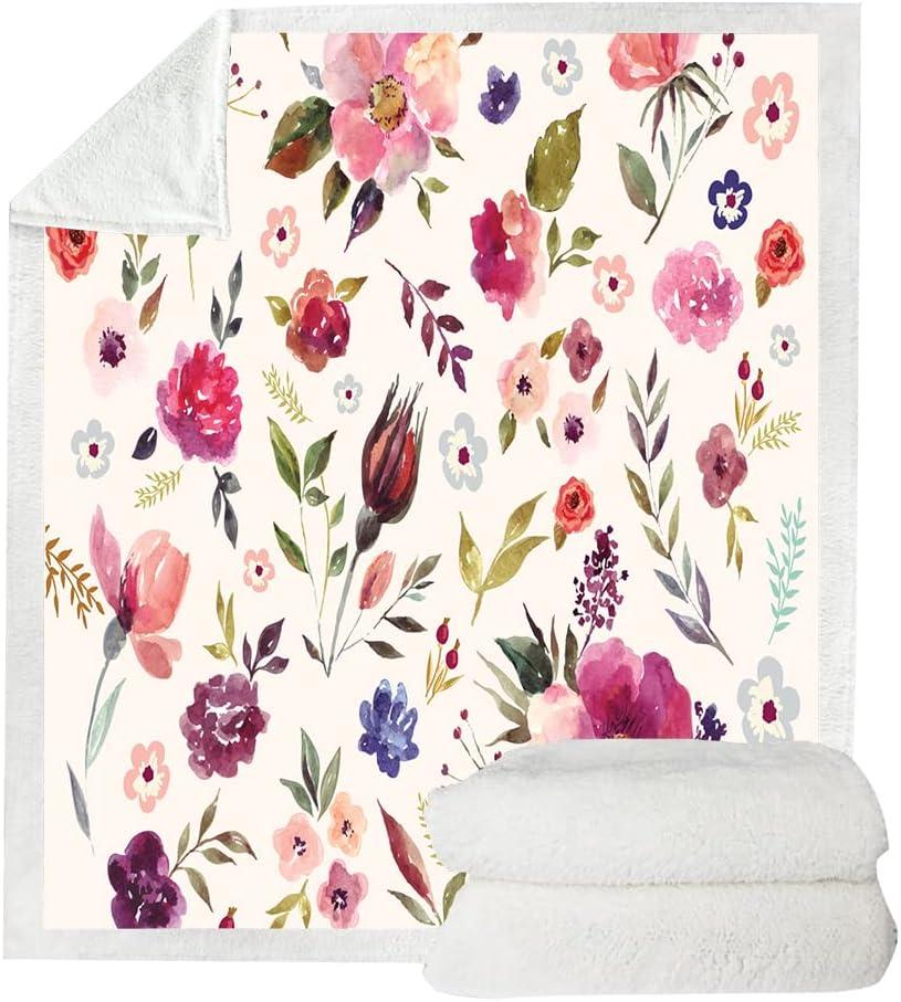 Floral Sherpa Fleece Throw Blanket with Watercolor Design