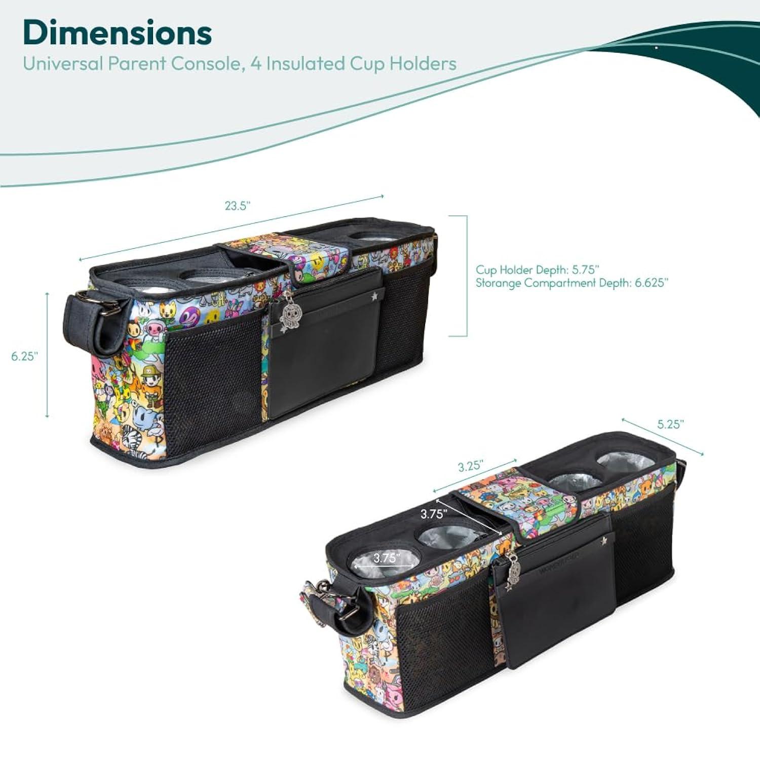WONDERFOLD Universal Parent Console Stroller Organizer with Insulated Cup Holders, Hook & Loop Closure Handle Attachment, 2 Storage Pockets, Removable Shoulder Strap for Easy Transport