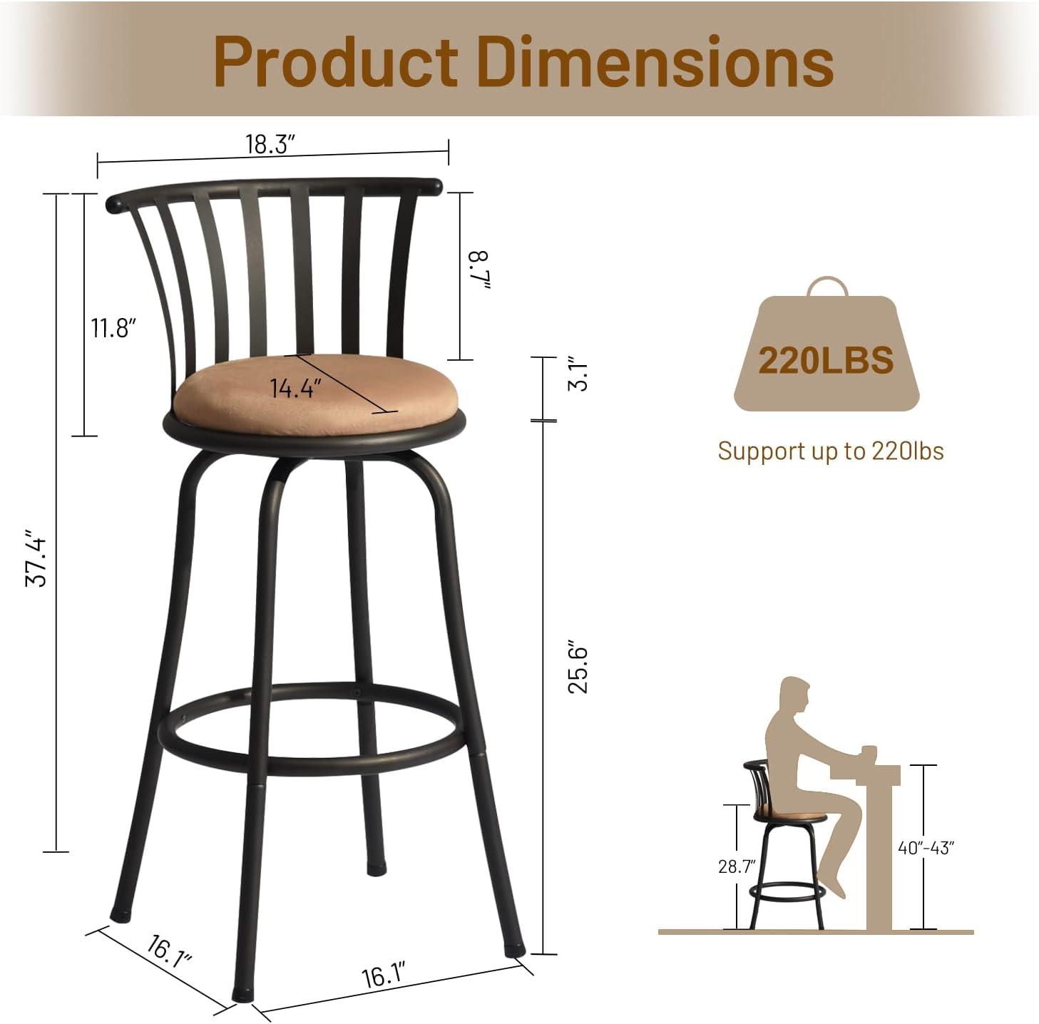 Classic Barstools Set of 2, Country Style Bar Chairs with Back and Footrest Swivel Counter Height Bar Stools for Kitchen Island Pub, Bistro, Restaurant, Rustic Brown and Black (29 Inch)