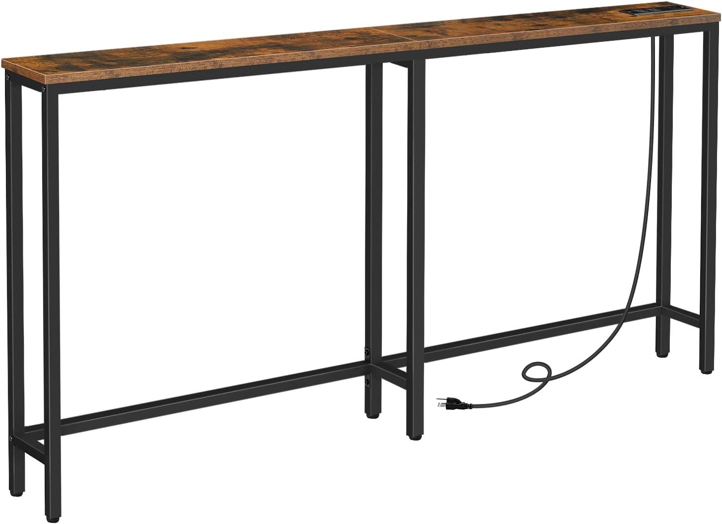 Console Table with Outlet, 63 Inch Sofa Table with Charging Station, Narrow Entryway Table, Skinny Hallway Table, Behind Couch Table, for Living Room, Plants - Rustic Brown