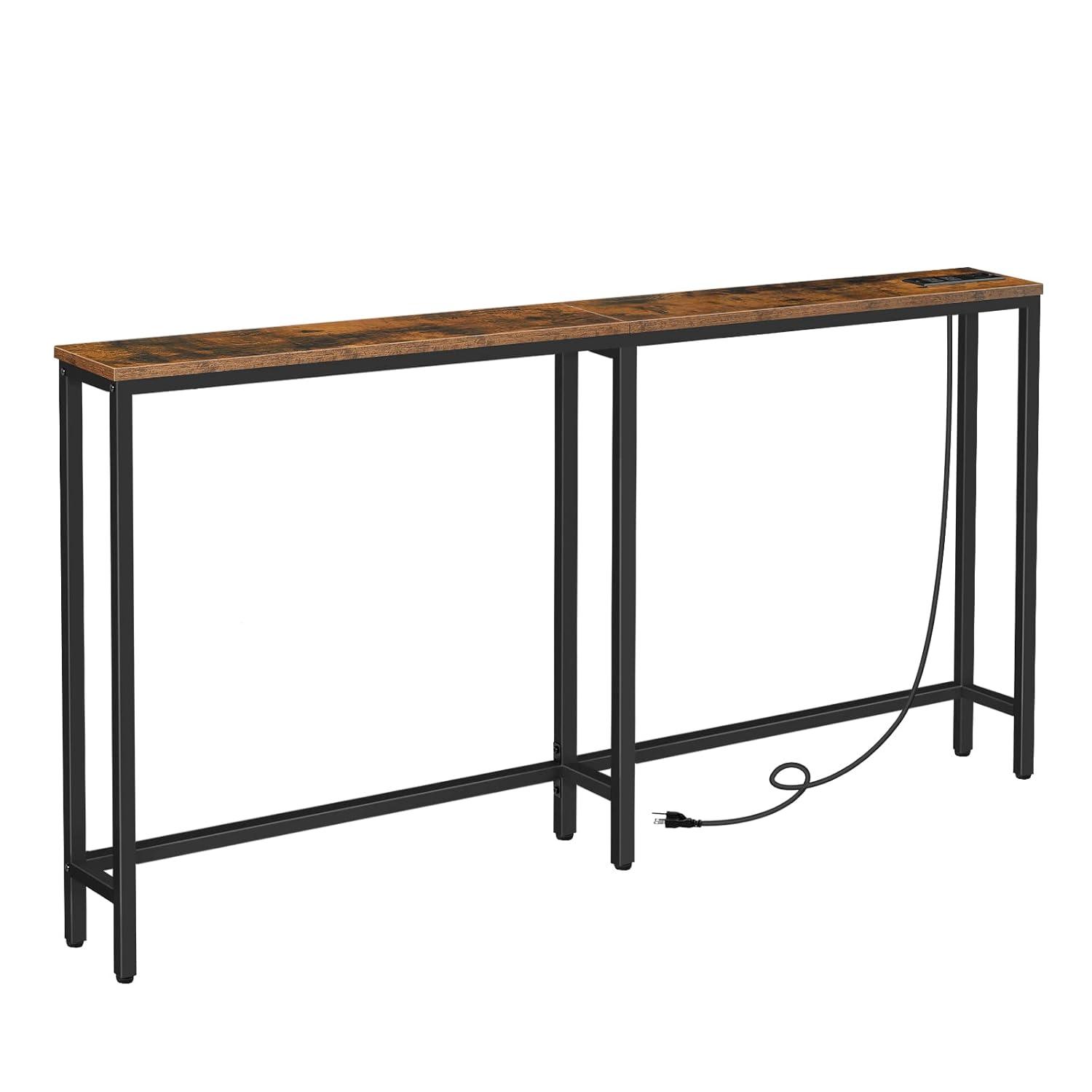Console Table with Power Outlet, 63" Narrow Sofa Industrial Entryway Behind Couch Table with USB Ports for Entryway, Hallway, Foyer, Living Room, Bedroom CTHR16E01Z
