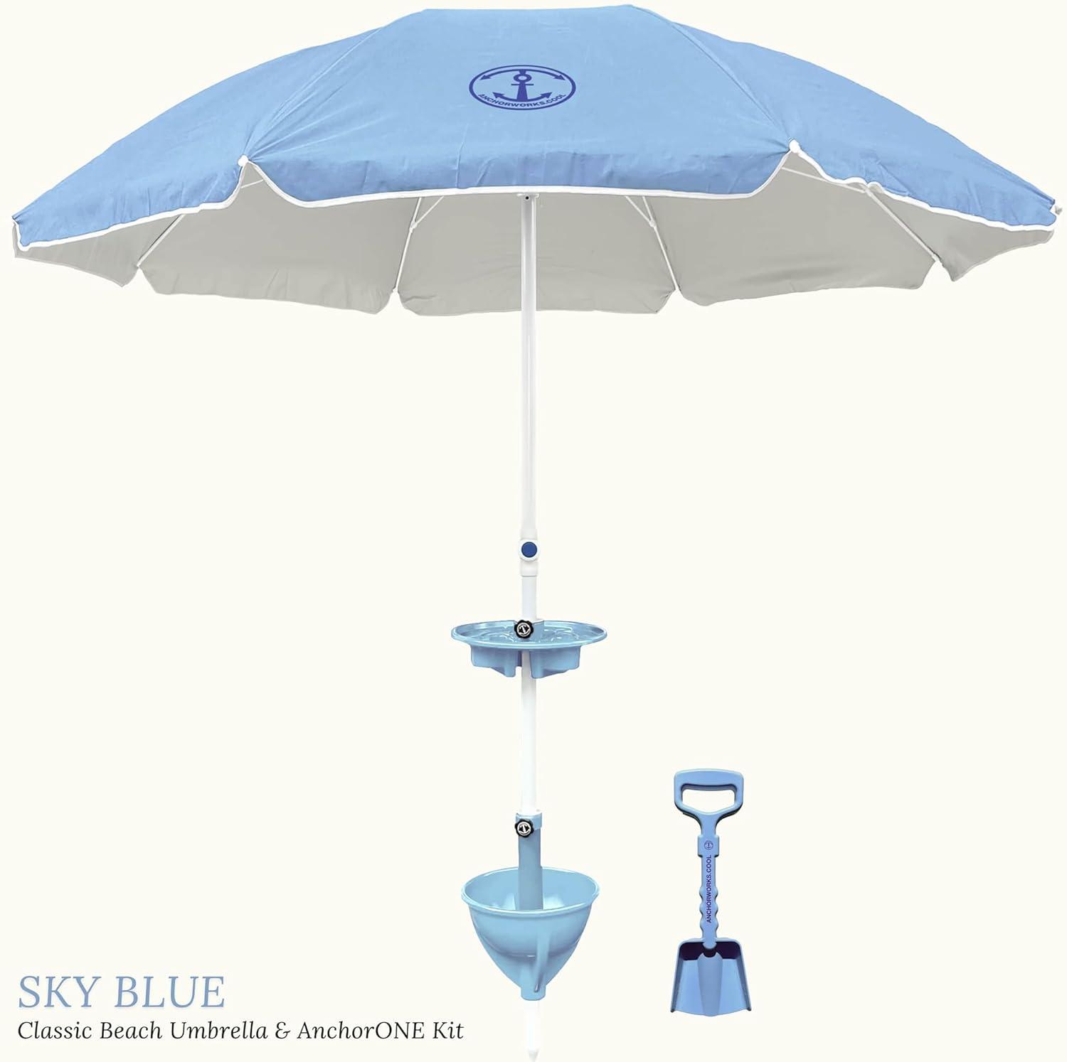 Anchor Works: Classic Beach Umbrella & AnchorONE Kit – Sky Blue - 7.5ft, Carry Bag, Sand Shovel & Drink Tray, UV-Protected, Outdoor Sun Canopy