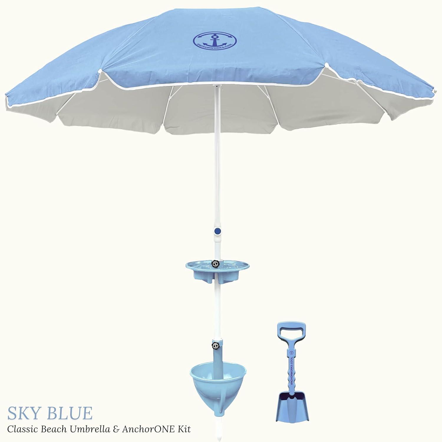 Anchor Works: Classic Beach Umbrella & AnchorONE Kit – Sky Blue - 7.5ft, Carry Bag, Sand Shovel & Drink Tray, UV-Protected, Outdoor Sun Canopy