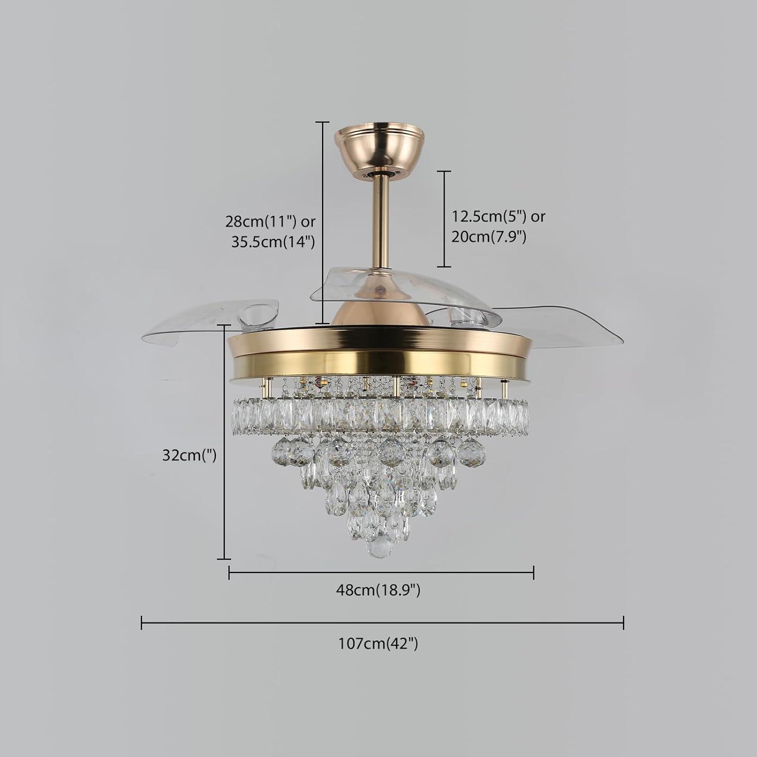 42 in. Indoor Gold Smart Retractable Crystal Ceiling Fan with Adjustable LED Light Included with Remote