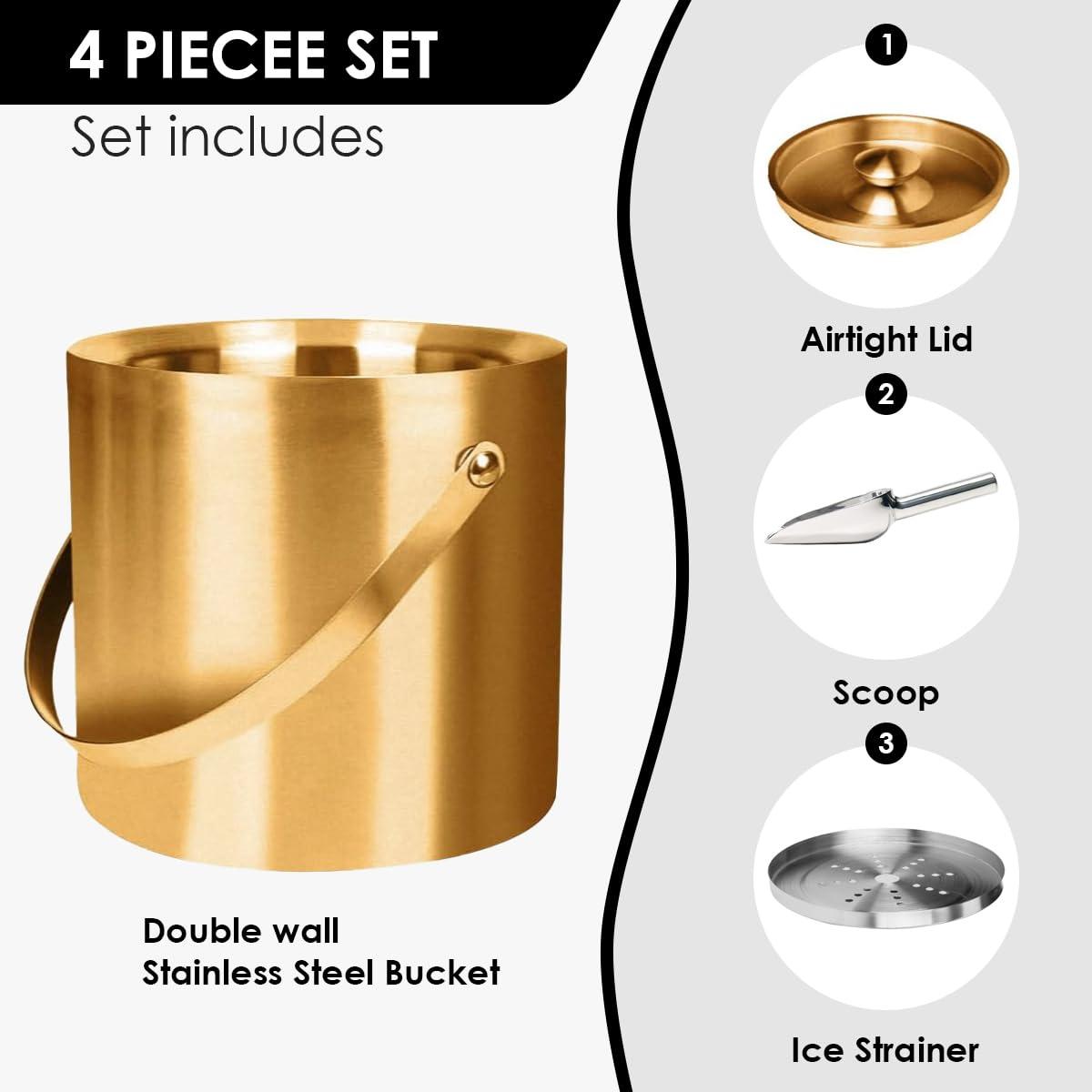 3L Double Wall Insulated Stainless Steel Ice Bucket with scoop & Strainer for Cocktail Bar,Metal Ice Bucket for freezer with Lid for parties.ice Container to Keep Ice Colder,bar cart accessories(gold)
