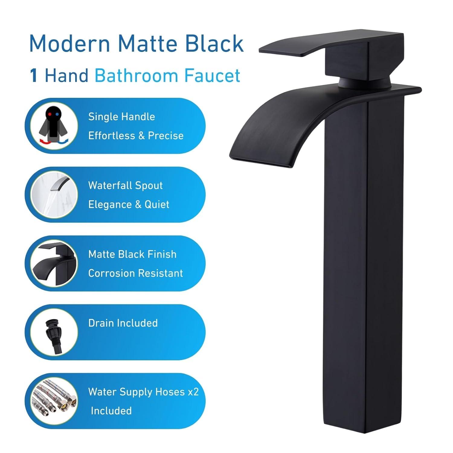Waterfall Bathroom Faucet Single Handle，Bathroom Sink Faucet 1 Hole，Waterfall Faucet for Bathroom Sink，Vessel Sink Faucet Matte Black Tall Bathroom Faucet