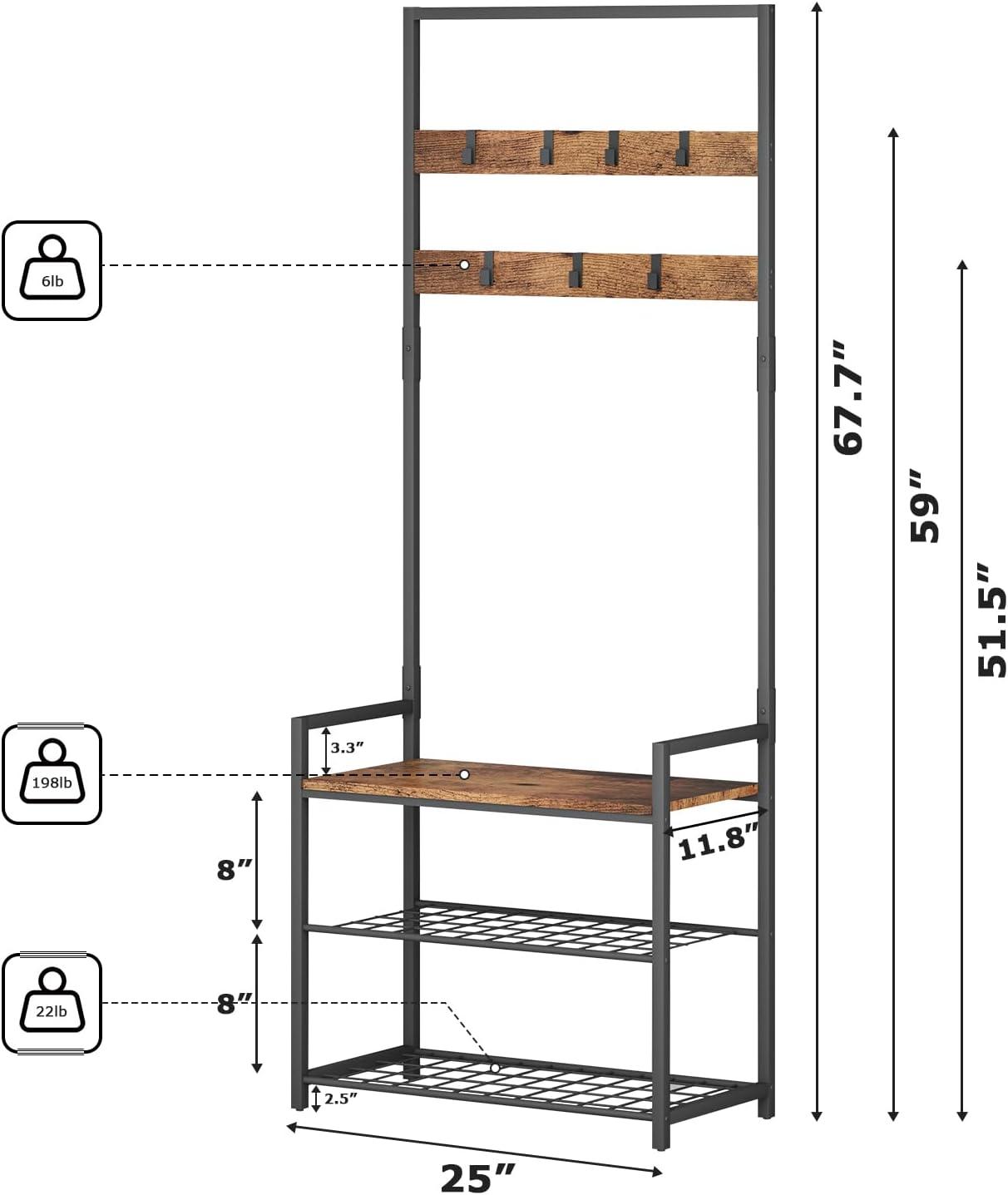HOMEKOKO Coat Rack Shoe Bench, Hall Tree Entryway Storage Bench, Wood Look Accent Furniture with Metal Frame, 3-in-1 Design