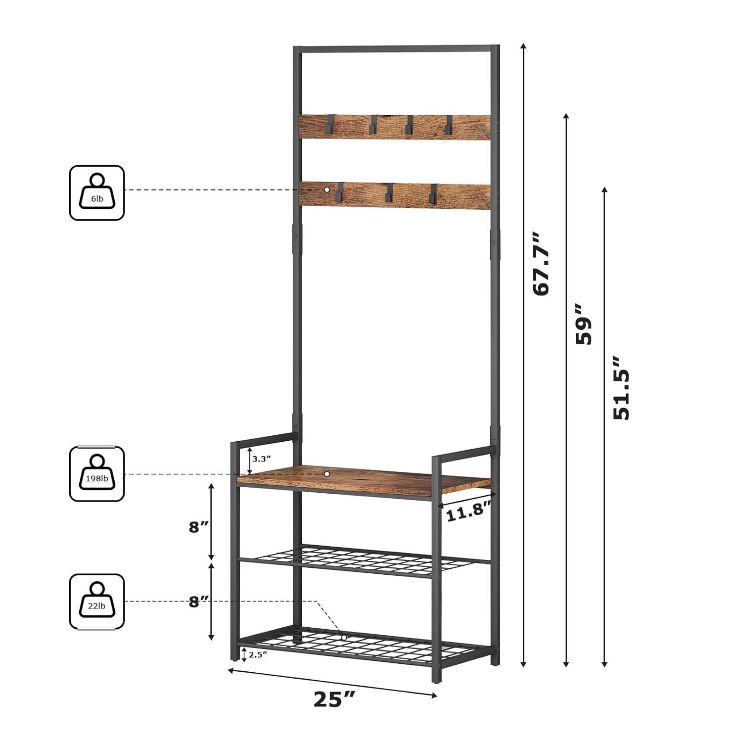 HOMEKOKO Coat Rack Shoe Bench, Hall Tree Entryway Storage Bench, Wood Look Accent Furniture with Metal Frame, 3-in-1 Design
