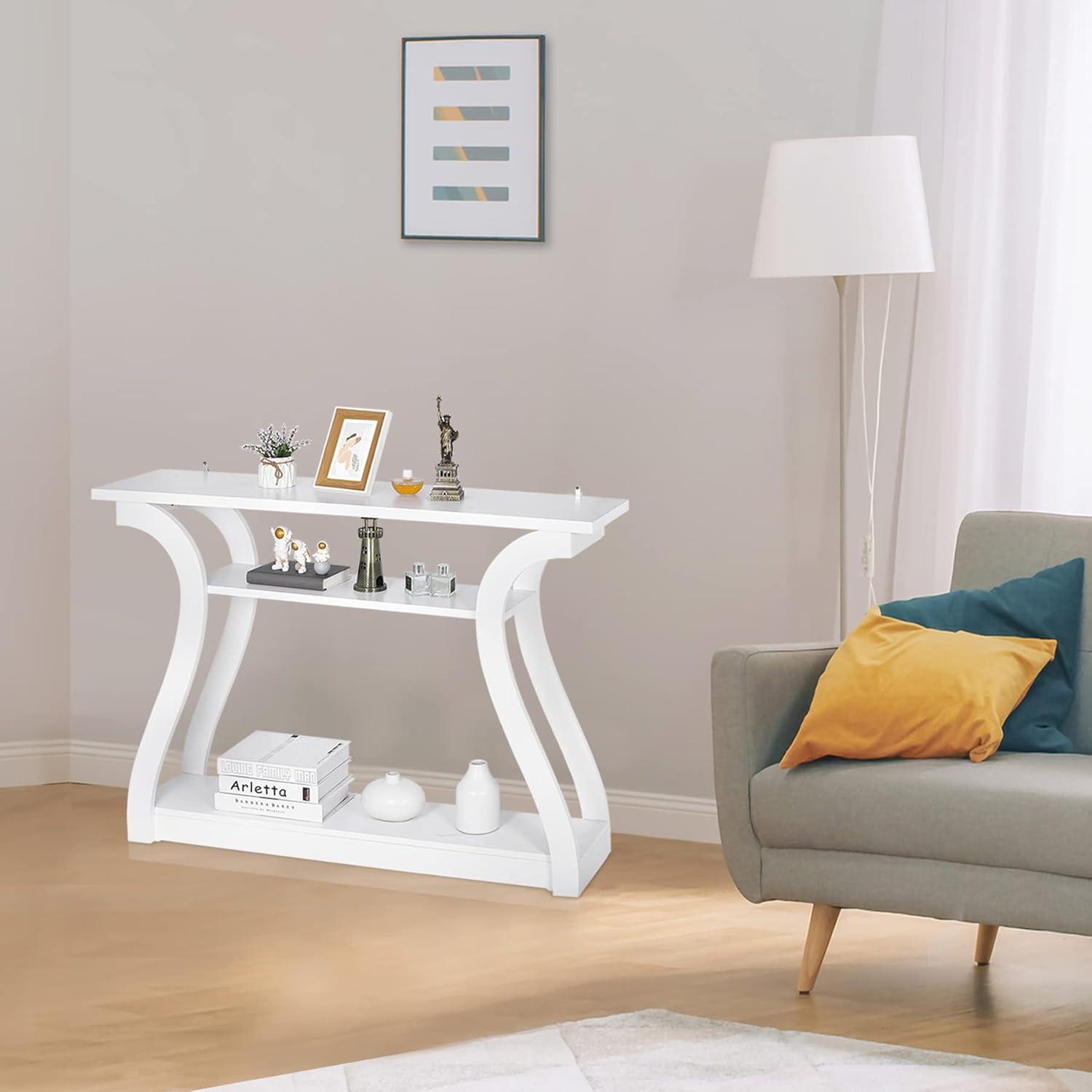 White MDF Console Table with Curved Legs and Shelves