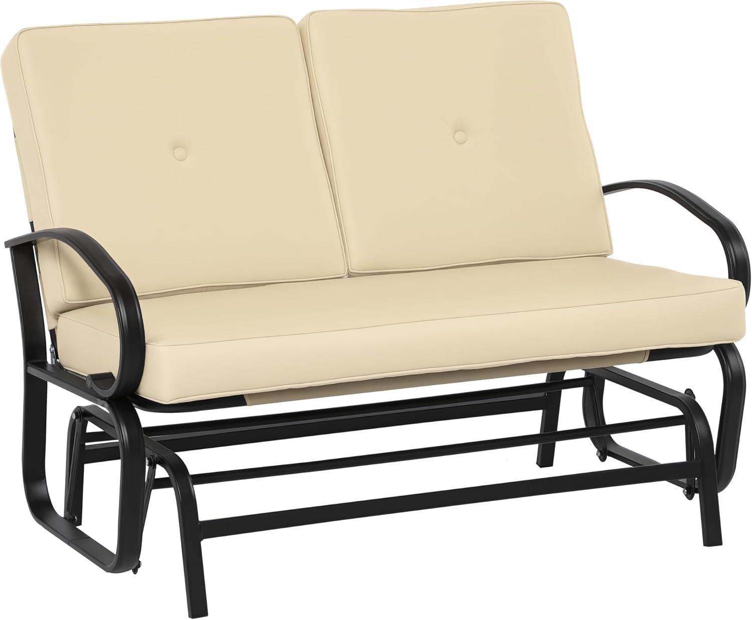 Outsunny Patio Glider Bench with Padded Cushions and Armrests, Outdoor 2-Person Swing Rocking Chair Loveseat with Sturdy Frame, Beige