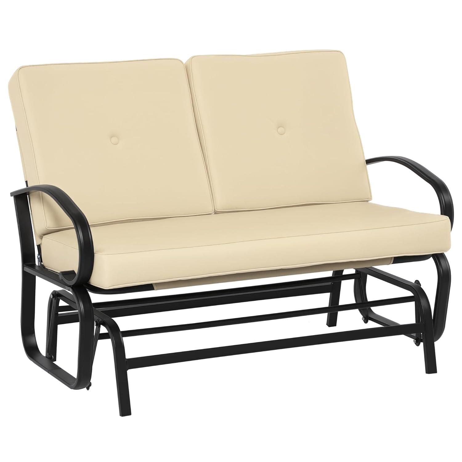 Outsunny Patio Glider Bench with Padded Cushions and Armrests, Outdoor 2-Person Swing Rocking Chair Loveseat with Sturdy Frame, Beige