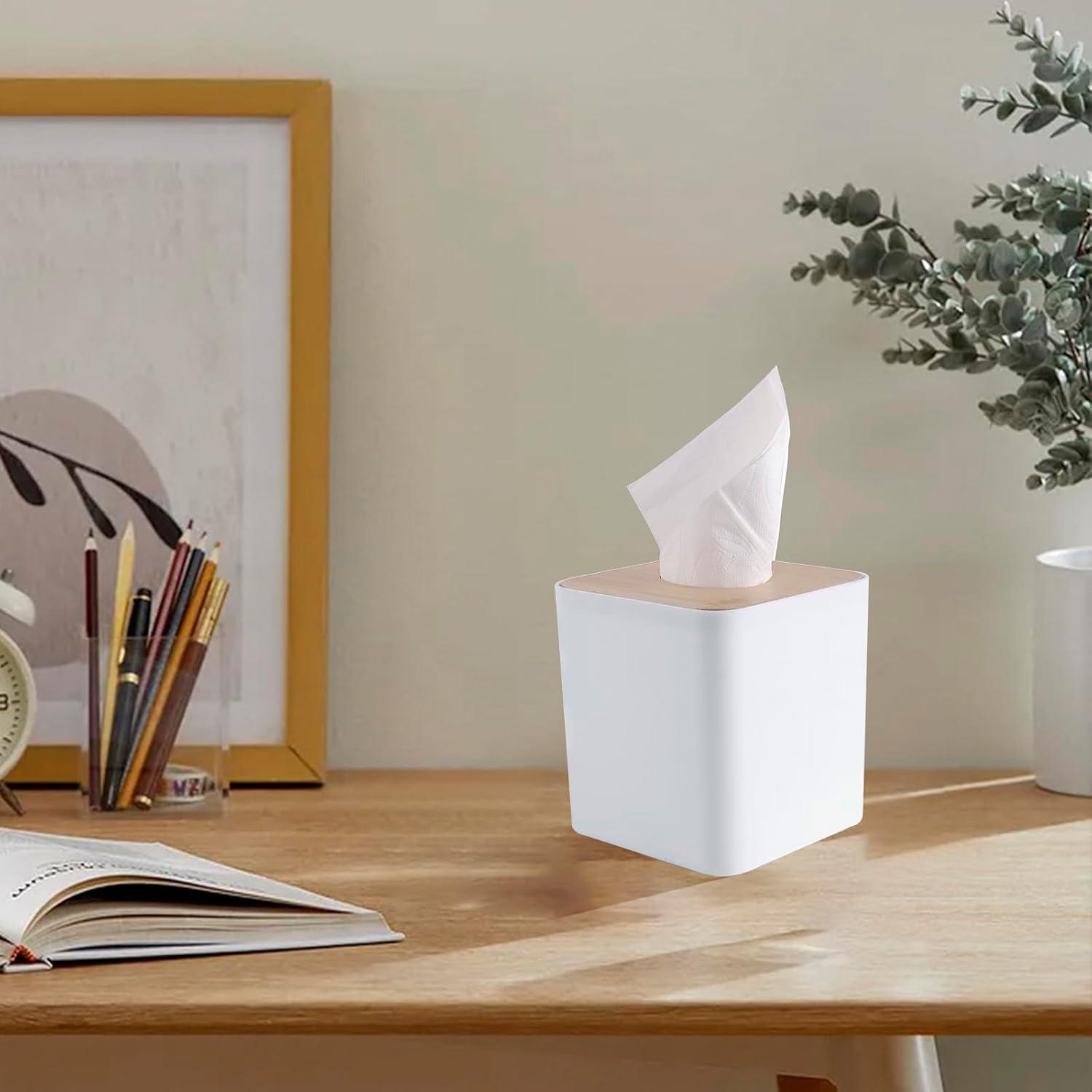 Square Tissue Box Cover,White Tissue Box Holder,Bamboo Facial Cube Box Cover for Storage on Bathroom Vanity, Countertop, Bedroom Dresser