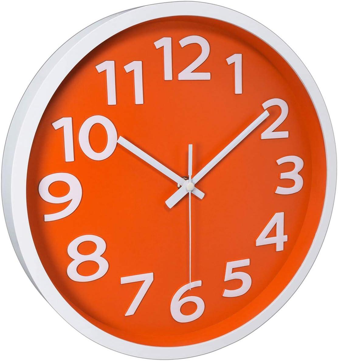 12-Inch Orange Modern Silent Analog Wall Clock with 3D Numbers