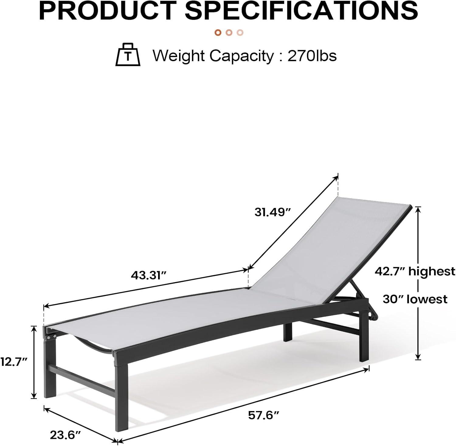 Light Gray Aluminum Adjustable Outdoor Chaise Lounge Chair