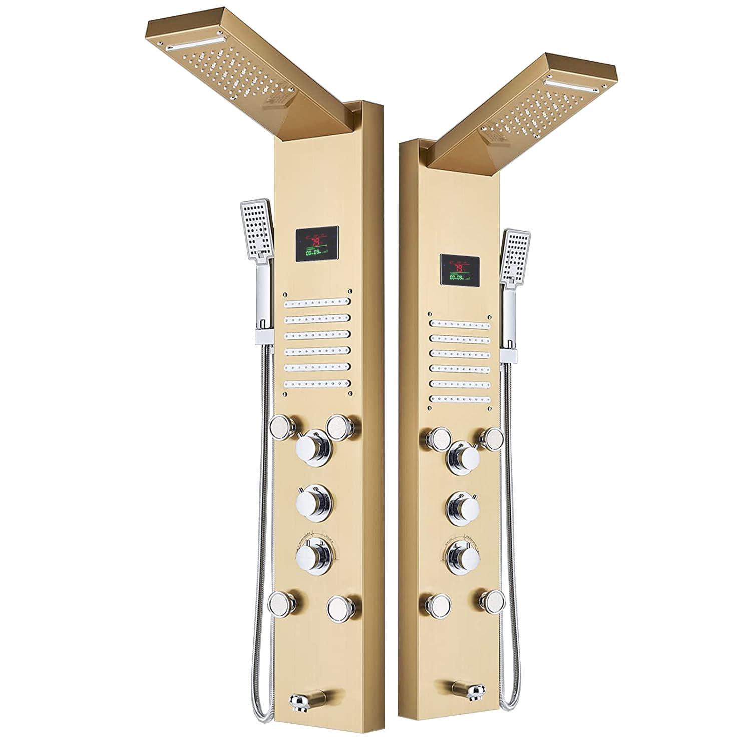 ELLO&ALLO LED Rainfall Waterfall Shower Head Rain Massage System with Body Jets Stainless Steel Bathroom Shower Panel Tower System, Brushed Gold