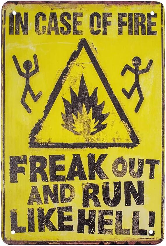 Yellow Metal Funny Fire Warning Sign for Garage Decor