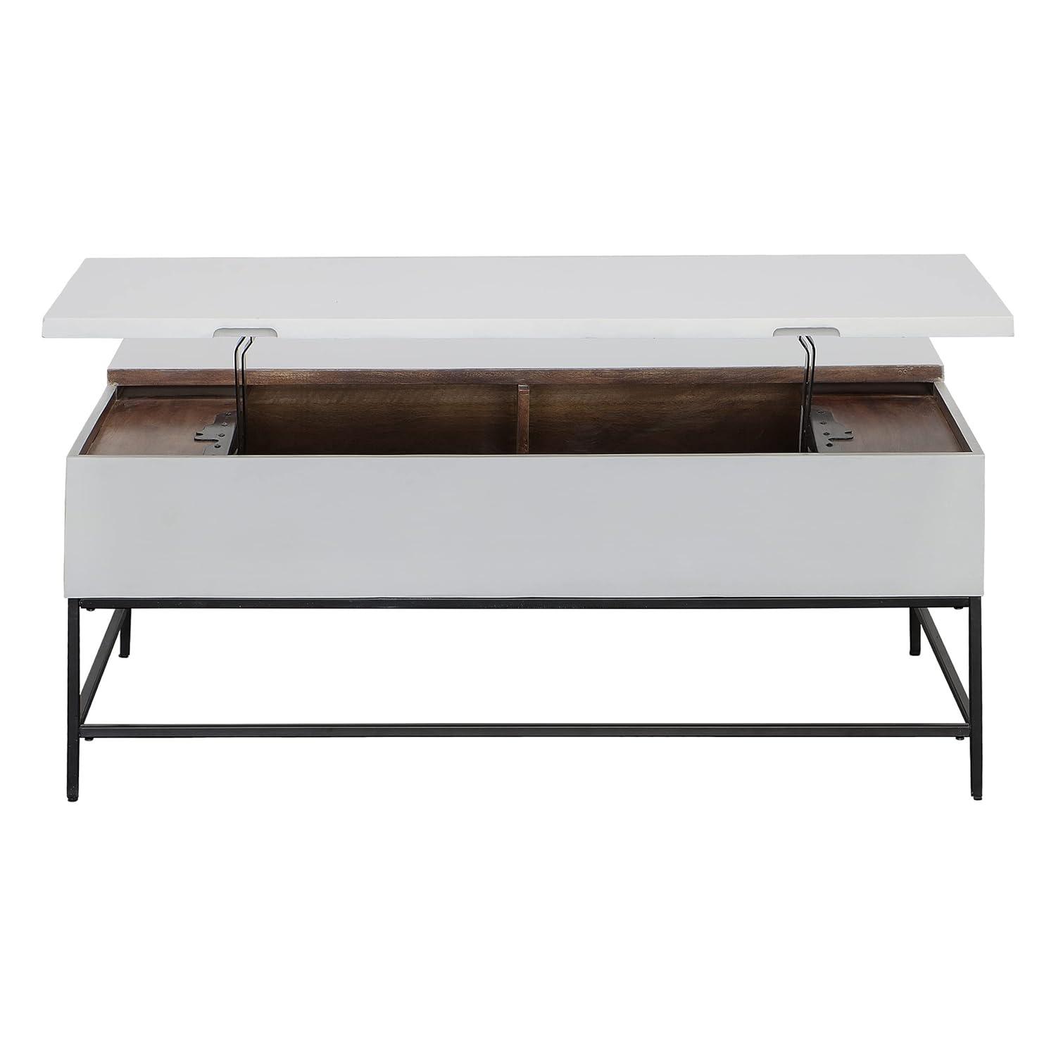 45 Inch Rectangular Mango Wood Coffee Table, Lift Top Storage, Iron Frame, White, Black 71911