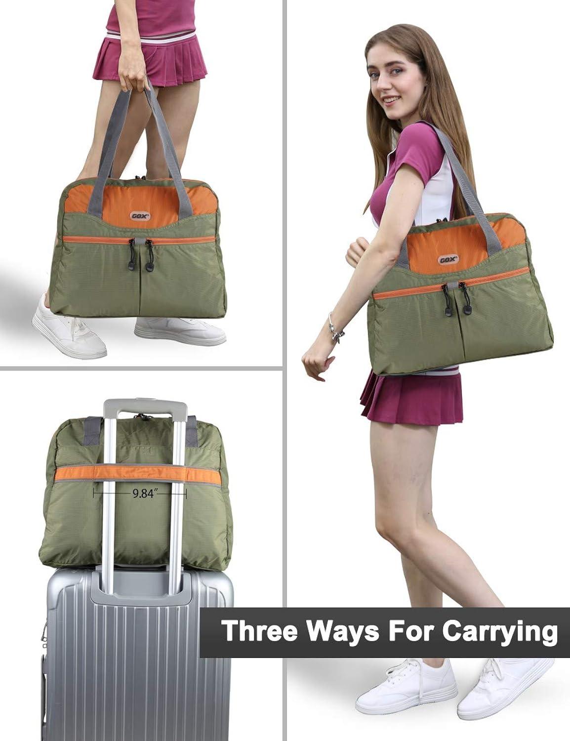 GOX Large Foldable Travel Duffel Bag Packable Tote Bag Carry on Luggage Weekender Overnight Bag Lightweight (Green&Orange)