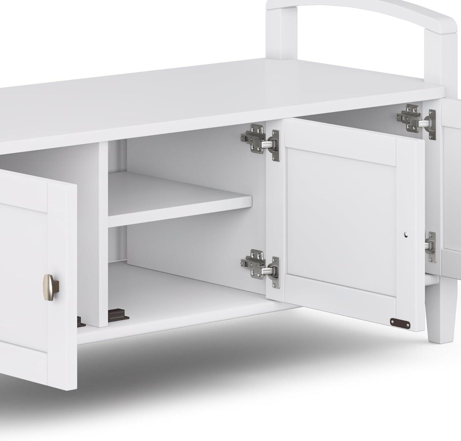 Simpli Home Warm Shaker 44"W Solid Wood Entryway Storage Bench with 3 Cabinets, Shaker-Style Doors and Interior Shelves