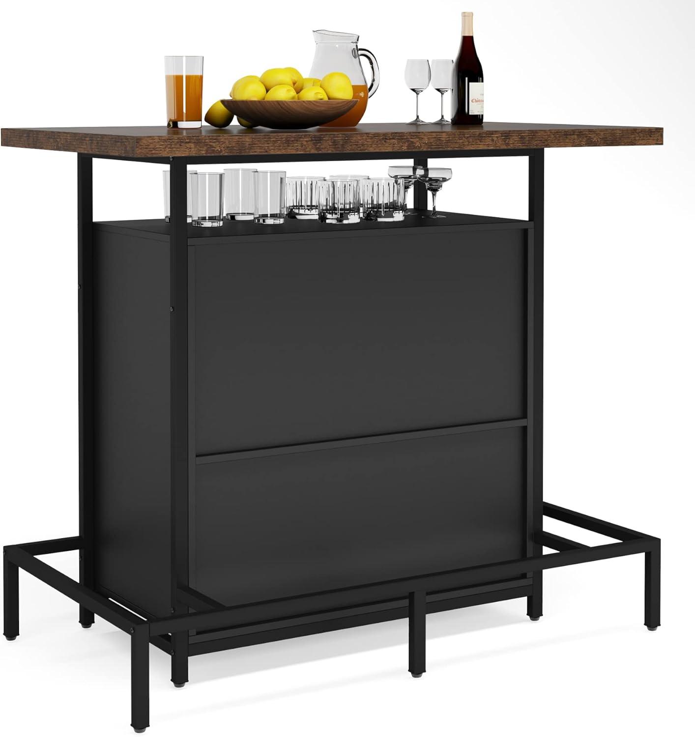 Industrial Black and Brown 3-Tier Home Bar Unit with Footrest