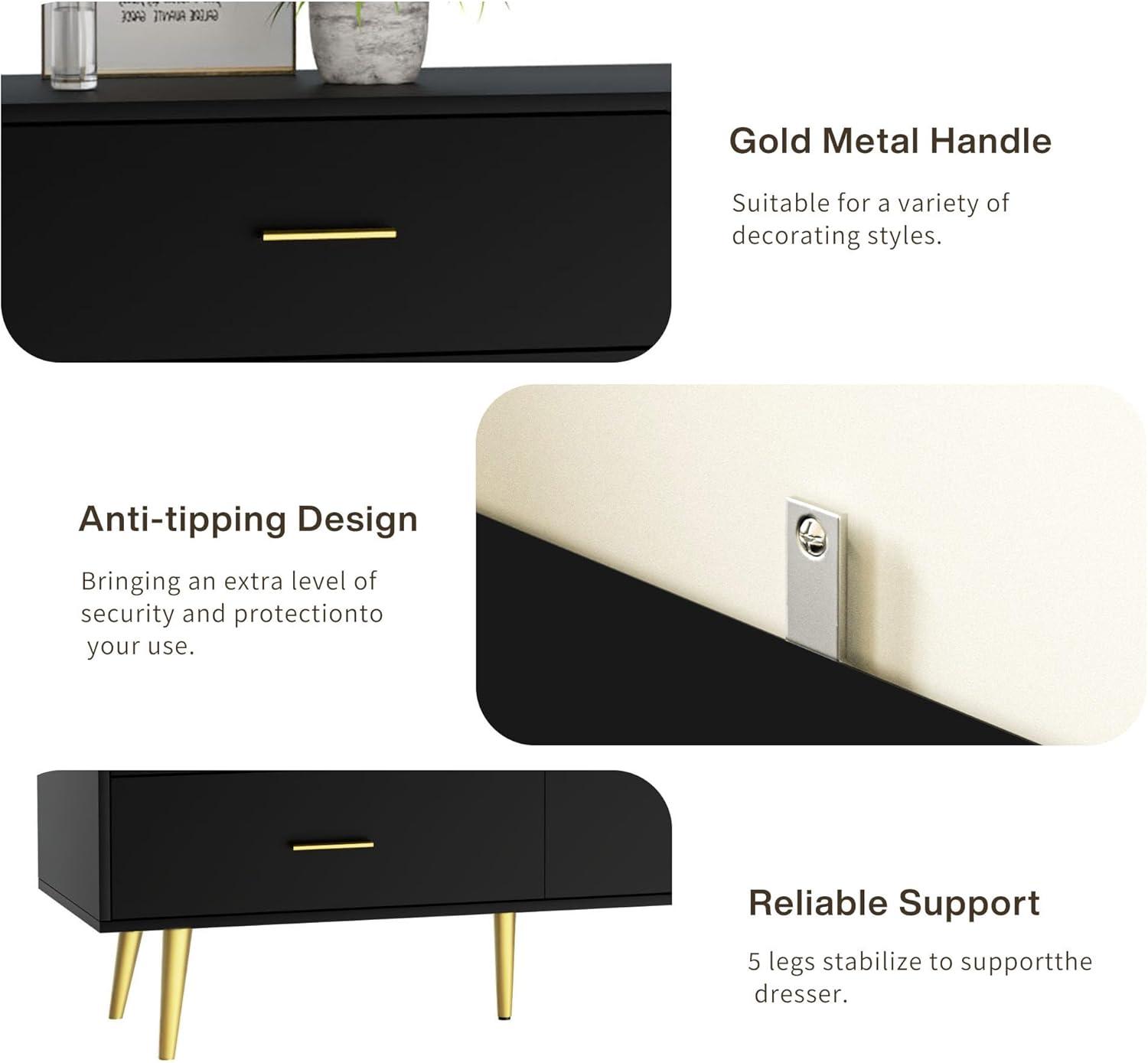 Black Modern 6-Drawer Dresser with Gold Handles