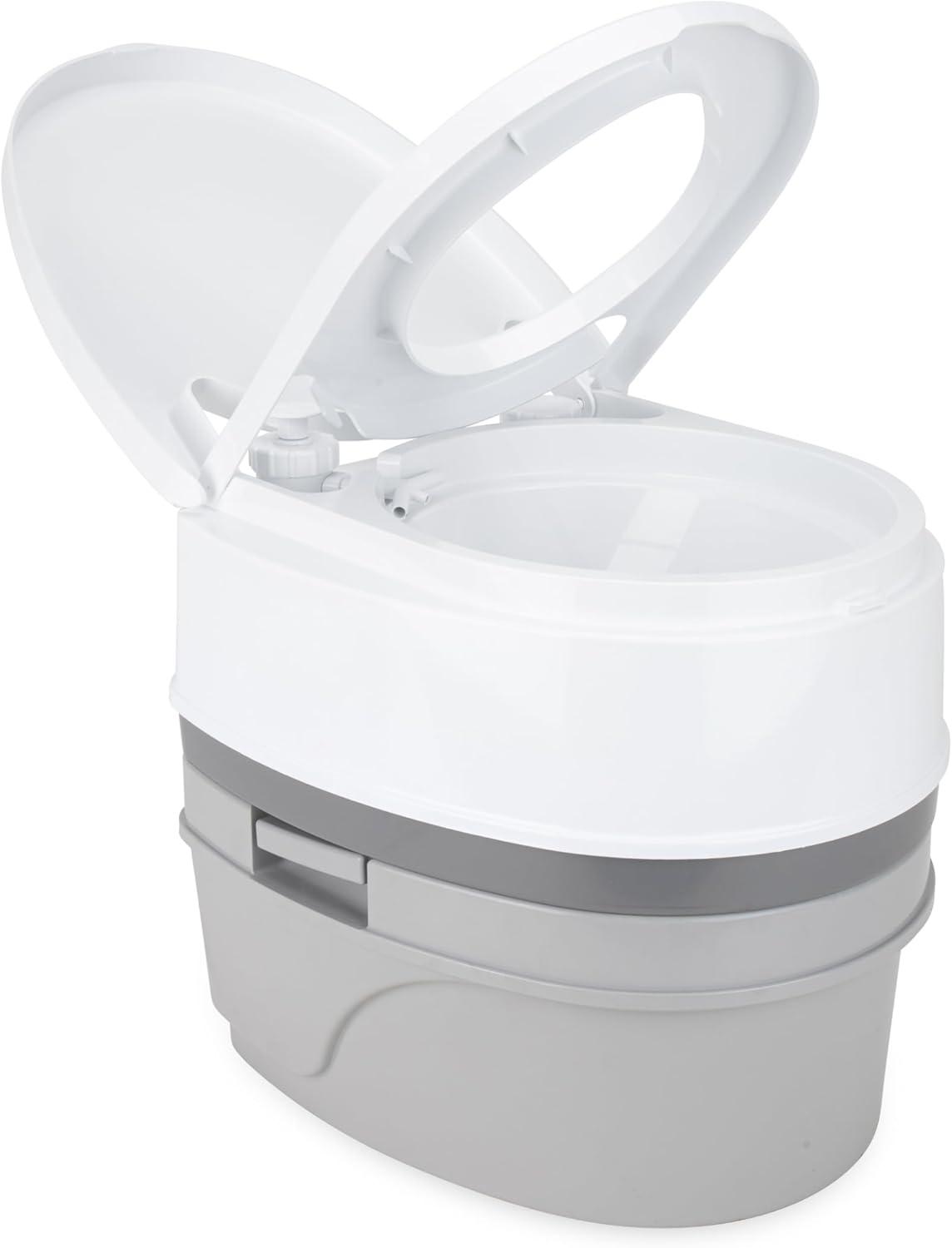 Camco Camping/RVing Premium Travel Toilet | Features a 5.3-Gallon Detachable Holding Tank, Pump Flush Design & Spring-Loaded Latch (41544)