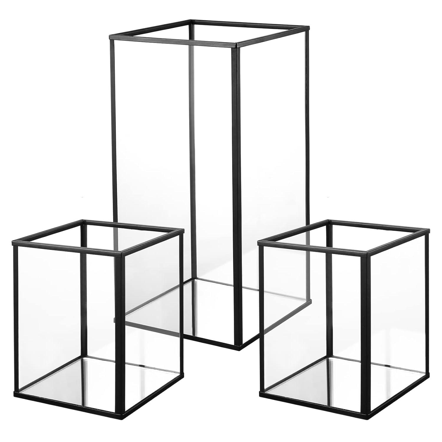 Phosphor Small Hurricane Candle Holder Set of 3 Pieces, Black Glass Candle Holder for Wedding, Party, Holiday.