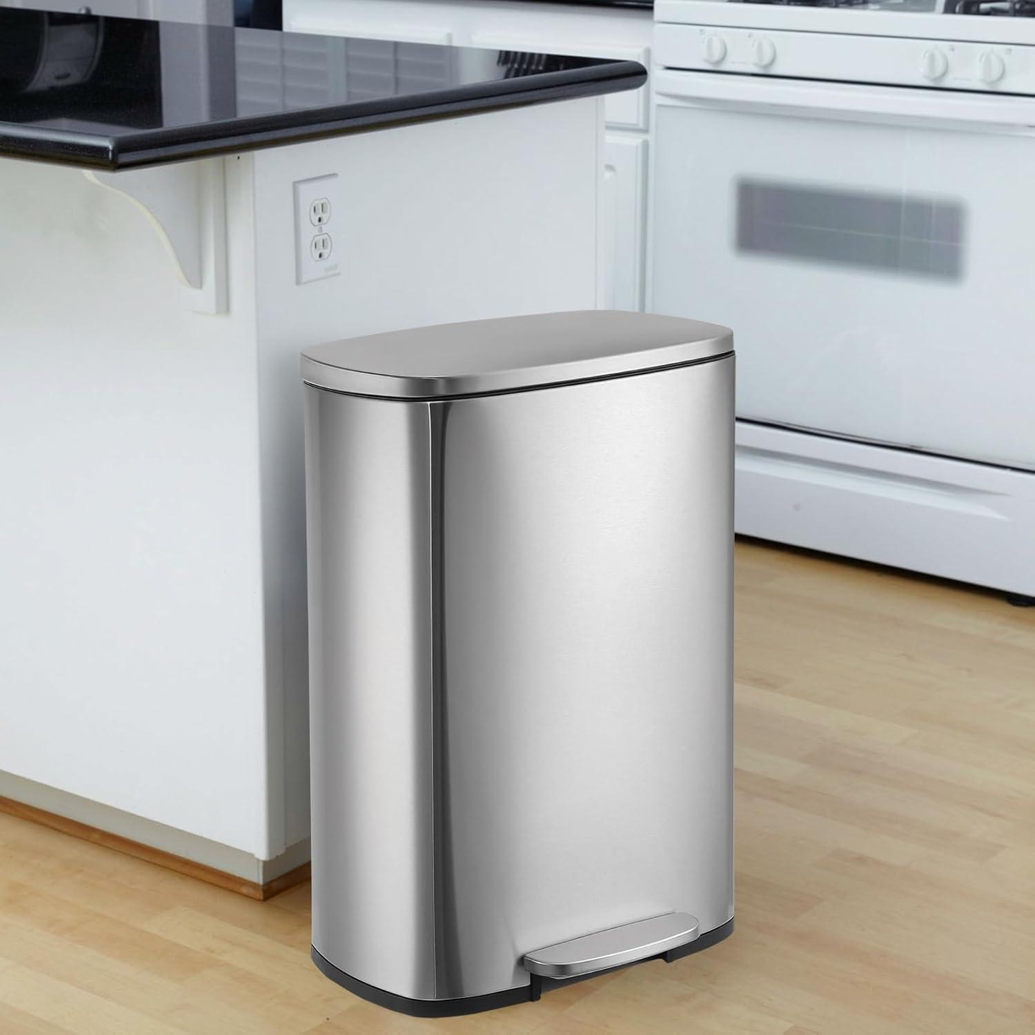 13 Gallon Tall Kitchen Garbage Can, Stainless Steel Trash Bin with Soft-Close Lid, Step Pedal, Oval Shape, Fingerprint-Resistant, Removable Inner Bucket