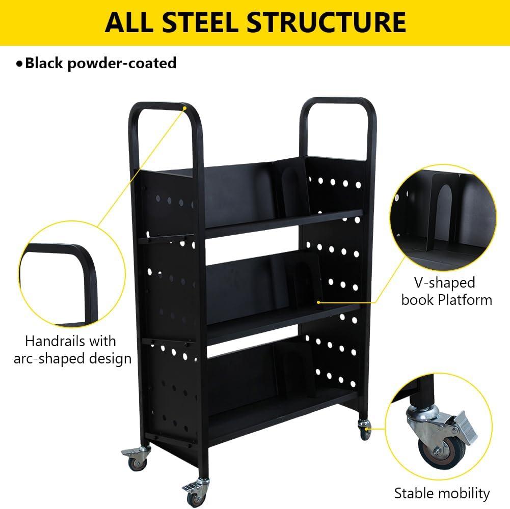 Book Cart, 44'' x 29.5'' x 13.7'' Single Sided V-Shaped Library Book Cart, 200LBS Weight Capacity Library Cart with Four Wheels for Home, Office, School, Book Truck in Black