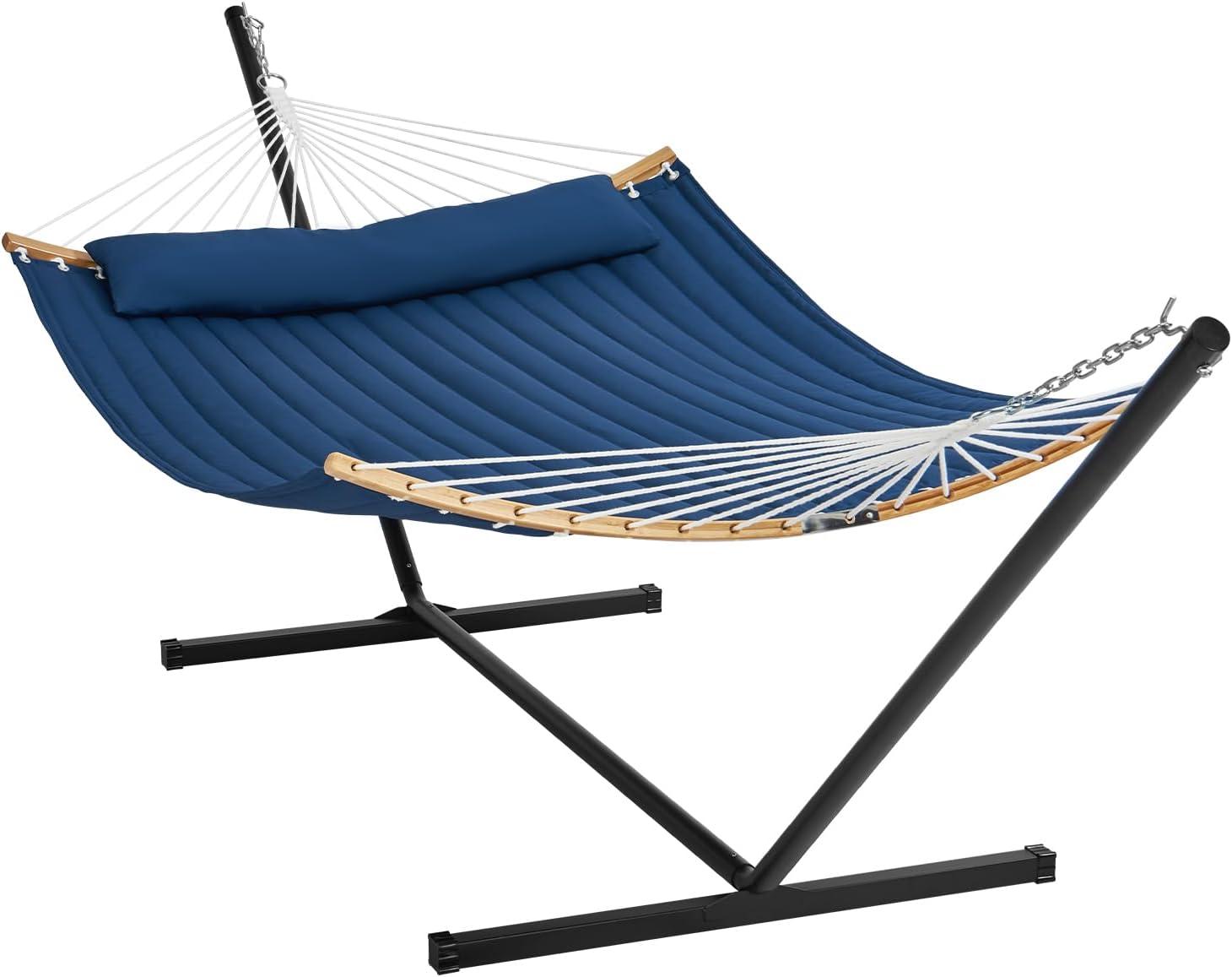 VEVOR Double Hammock with Stand Outdoor 2 Person Hammock for Outside Heavy Duty 480lb Large Free Standing Hammock Double Quilted Fabric Hammock with Portable Stand, Detachable Pillow & Bag