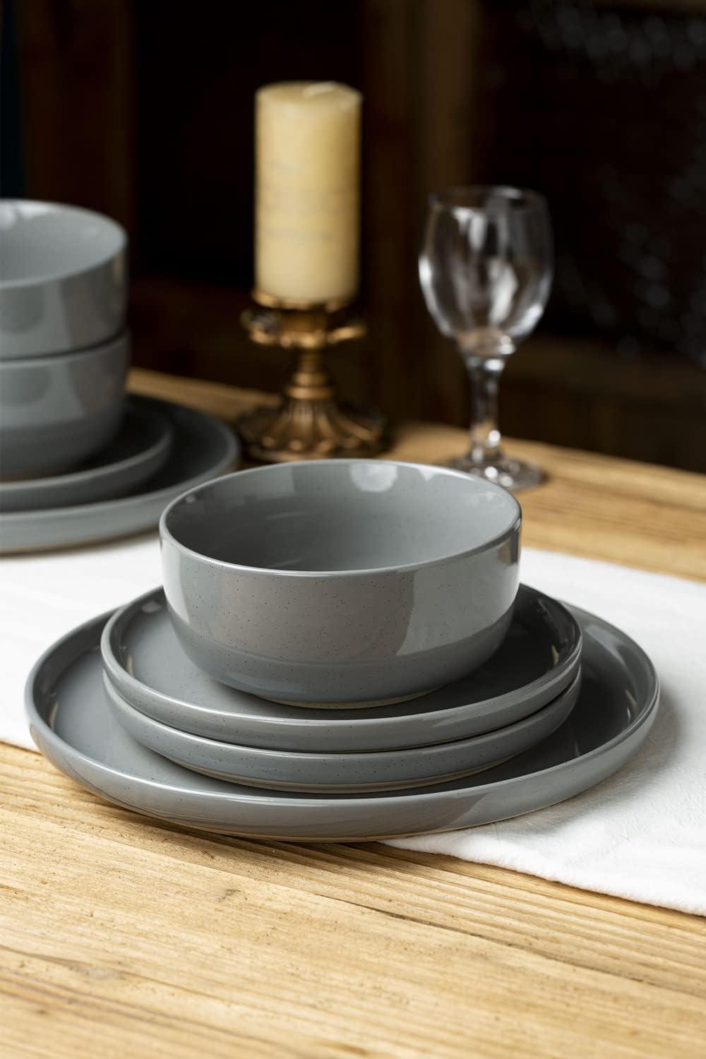 Famiware Plates and Bowls Set, 12 Piece Stoneware Dinnerware Sets, Dark Gray