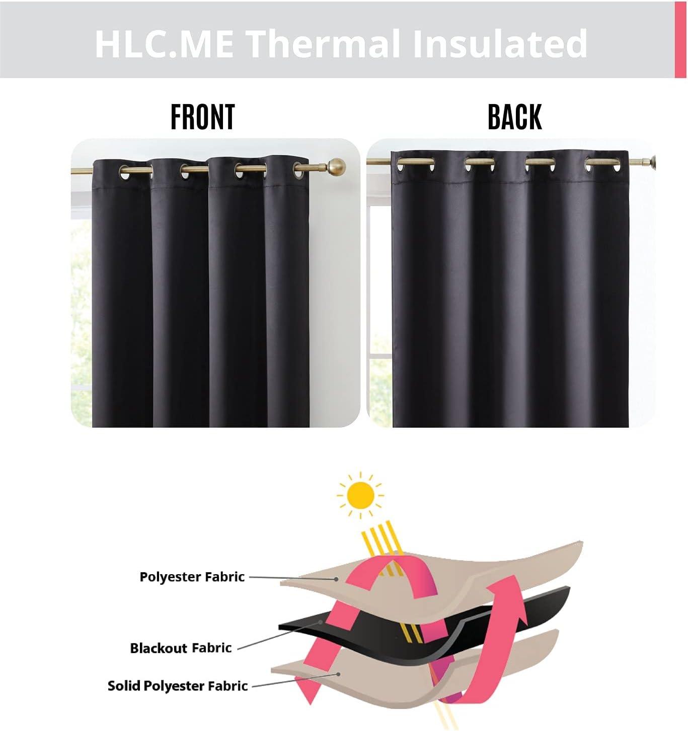 HLC.ME Oxford Curtains for Living Room, Room Darkening Energy Saving, Insulated Darkening Window Grommet Panels, Set of 2 - Black, 52 W x 84 L