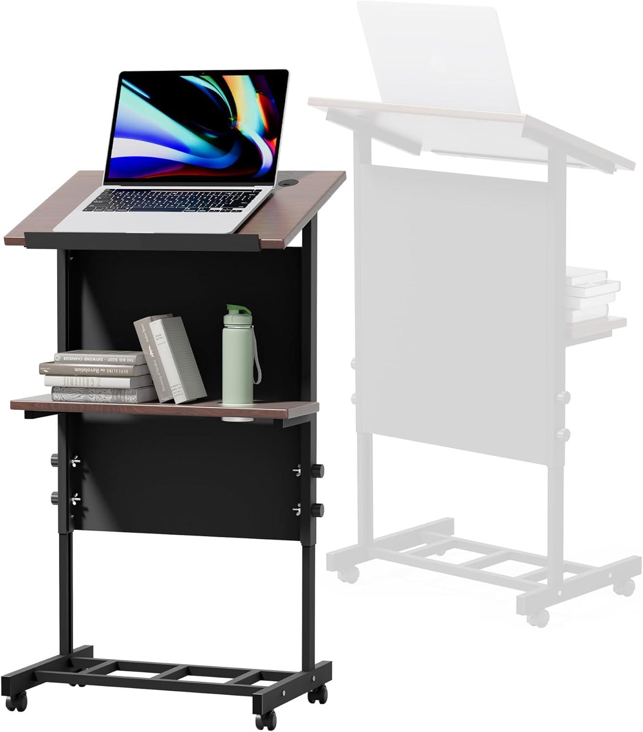 Stand Up Desk Store Mobile Adjustable Height Rolling Lectern Podium with Heavy Duty Steel Frame