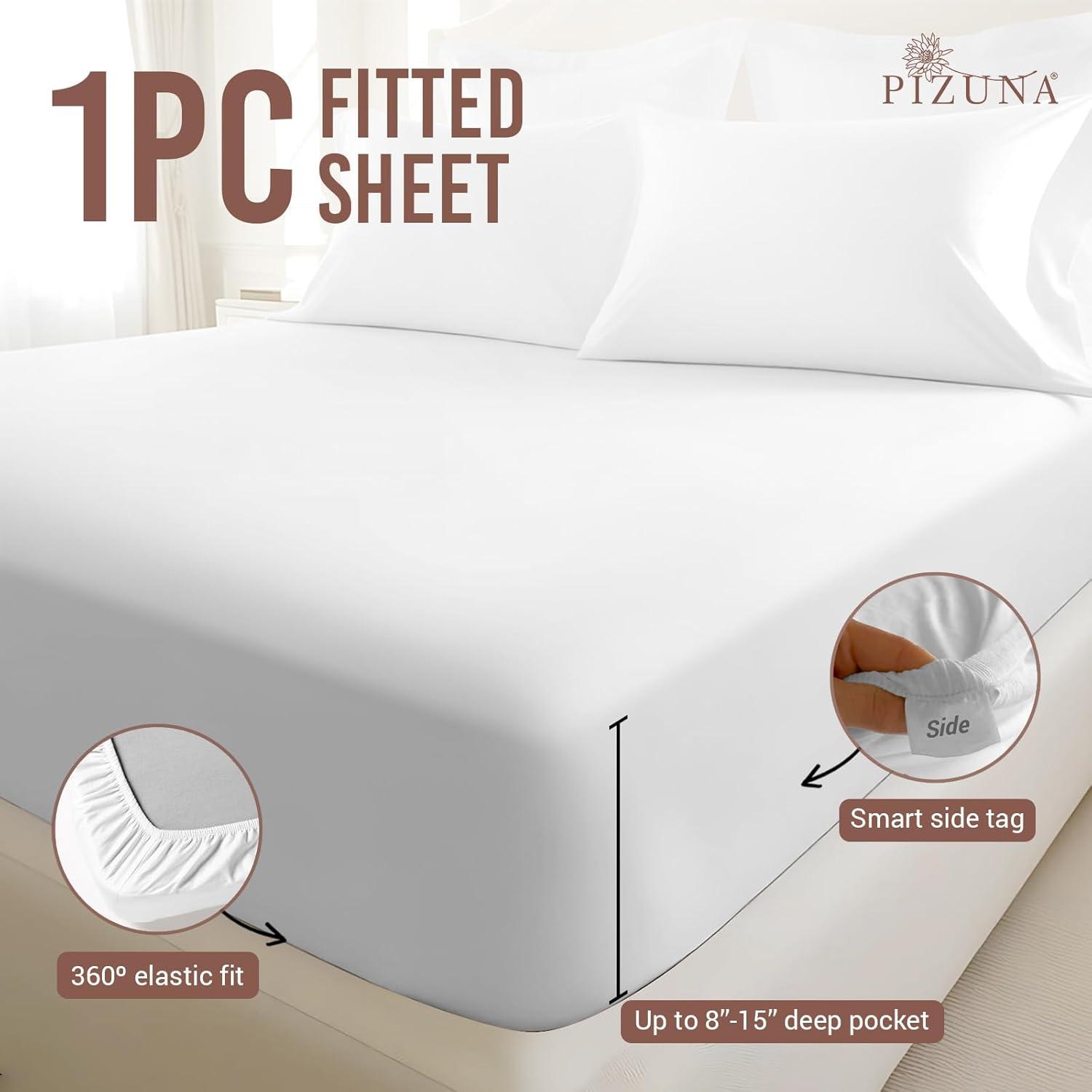Cotton Fitted Sheet Full White, 1Pc 400 Thread Count 100% Long Staple Cotton Luxurious Sateen Fitted Bed Sheets Full, All Around Elastic Deep Poxket Sheet Fits Mattress Upto 15 Inch By Pizuna