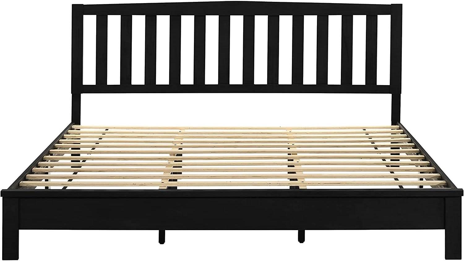 Traditional Rubberwood Queen Platform Bed with Wood Headboard, Black