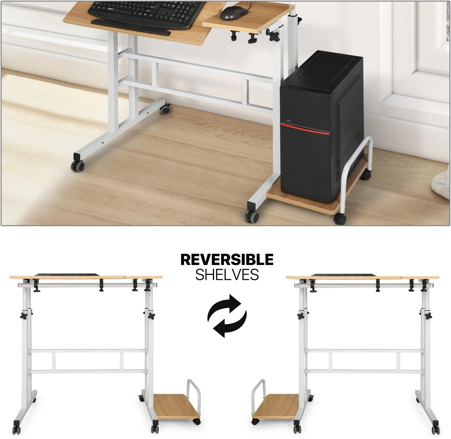 MoNiBloom Mobile Computer Desk Workstation, Rolling Laptop Standing Table with Monitor Shelf and Host Rack